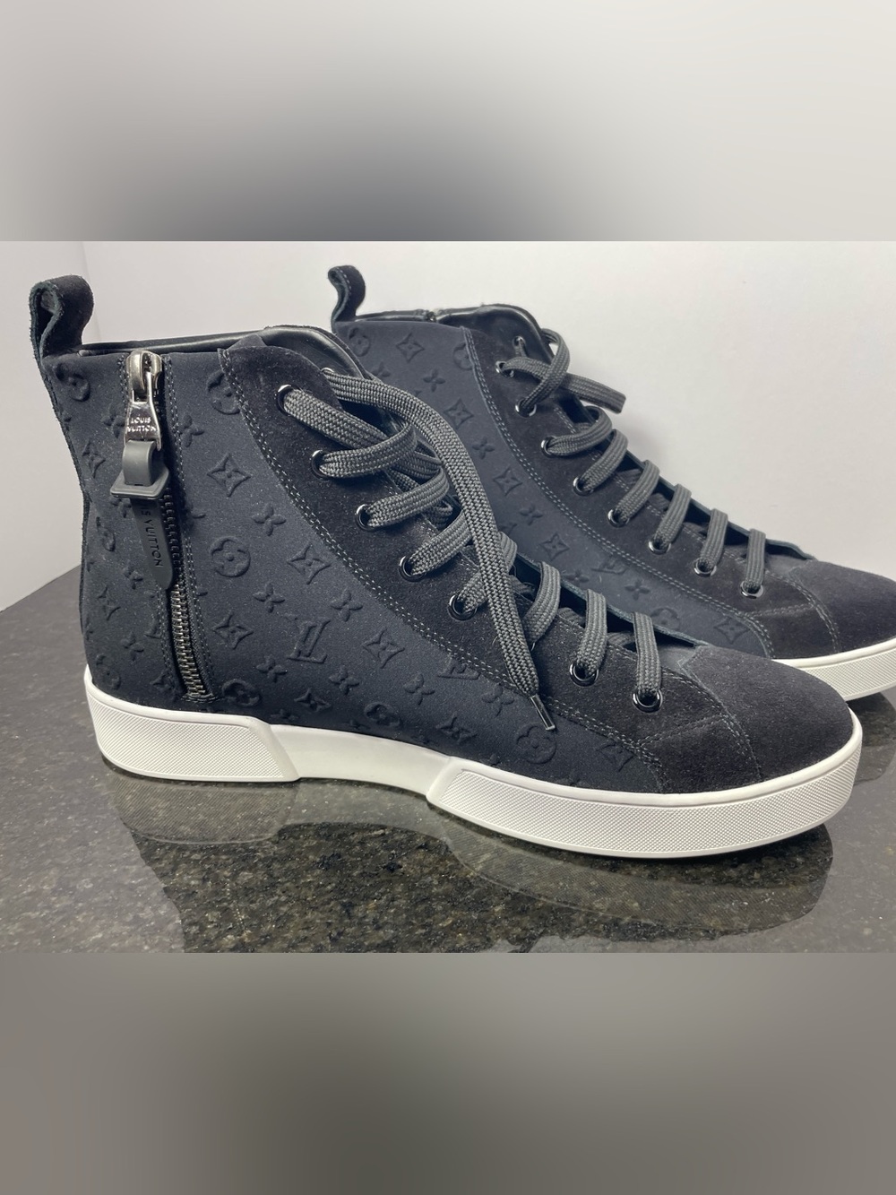 Louis Vuitton Black Monogram High-Top Sneakers with White Sole
